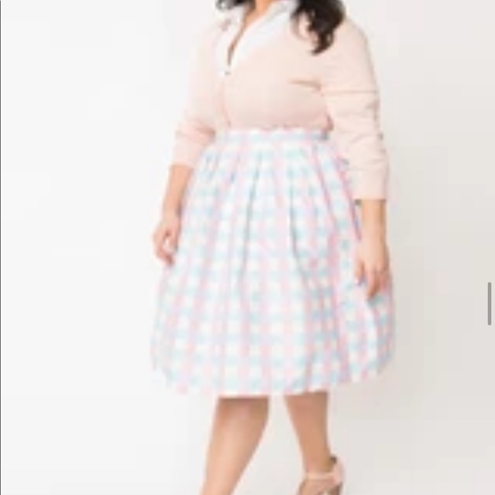 Blue and Pink Gingham Pin Dot Pleated Swing Skirt